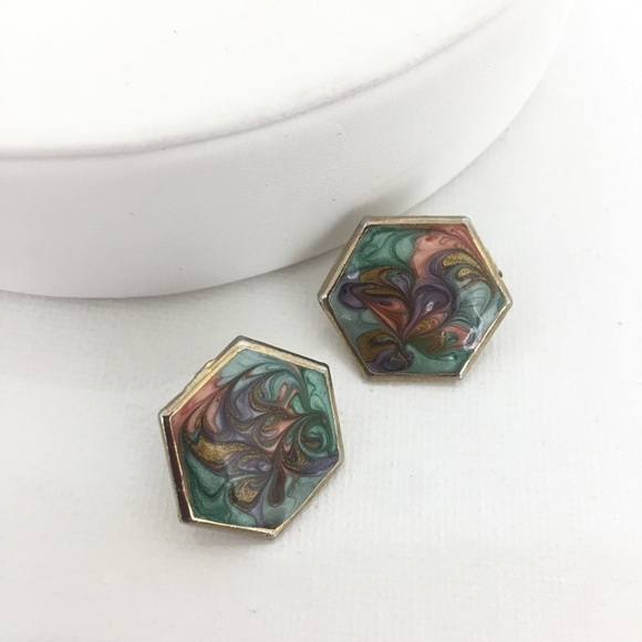 Vintage Hexagon Enamel Marble Post Earrings Pink Green Blue Purple Pastel Retro - Picture 4 of 7